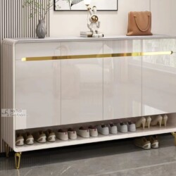 Tủ giày nhập khẩu TDB505 phong cách hiện đại, chụp chính diện trong không gian tiền sảnh. Tủ có bề mặt gỗ MFC phun sơn màu…