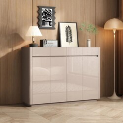 Tủ giầy hiện đại TD6204 được chụp chính diện trong không gian tiền sảnh ấm cúng. Tủ có thiết kế hình hộp chữ nhật, màu be…