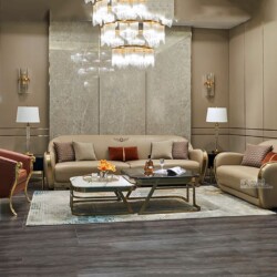Bộ sofa luxury SBQ50-2 được chụp chính diện trong không gian phòng khách sang trọng, gồm một ghế đơn màu nâu đất, một băng…