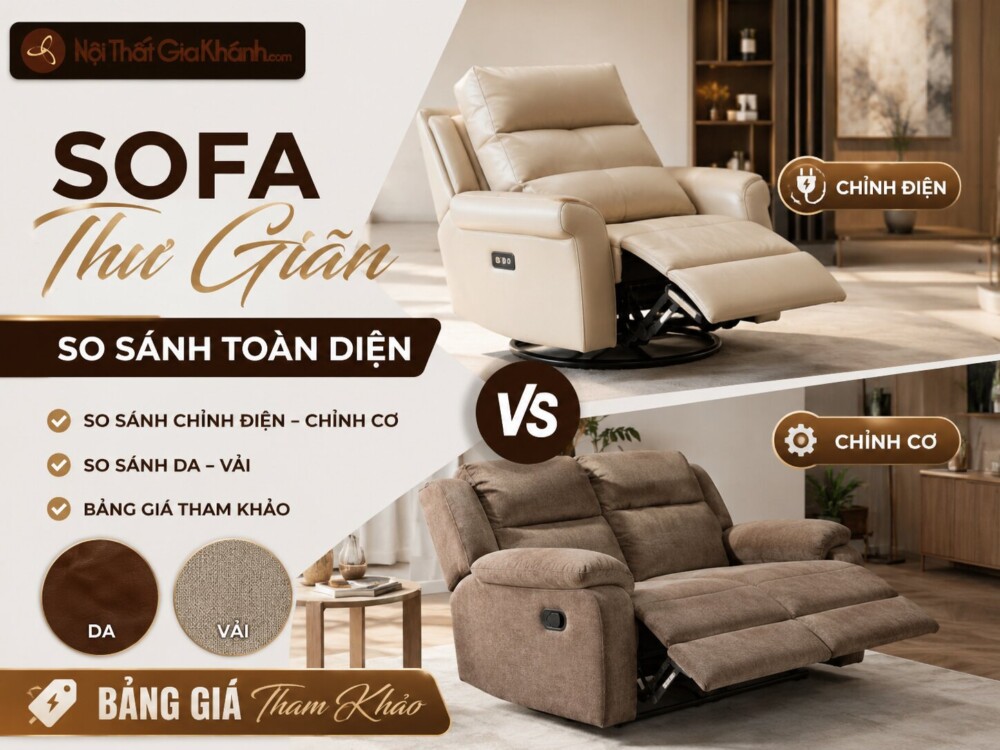 45 Sofa Thư Giãn 2026: So Sánh Chỉnh Điện – Chỉnh Cơ, Da – Vải & Bảng Giá Tham Khảo
