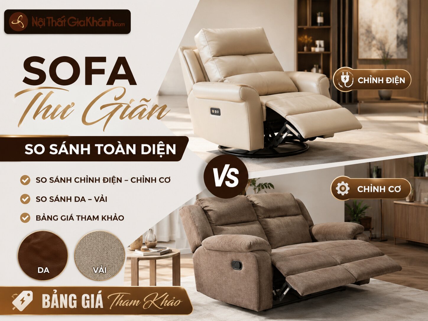 45 Sofa Thư Giãn 2026: So Sánh Chỉnh Điện – Chỉnh Cơ, Da – Vải & Bảng Giá Tham Khảo