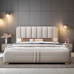 Giường ngủ bọc da GI5435-18 nhìn trực diện từ phía trước, đặt trong phòng ngủ phong cách hiện đại. Đầu giường cao, bọc đệm…