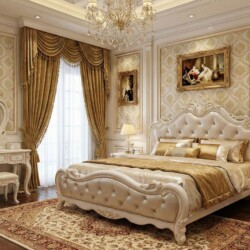 Giường ngủ 1m8 Tân Cổ Điển GIX06-18 được bài trí trong một phòng ngủ sang trọng, nhìn từ góc thấp phía chân giường. Giường…