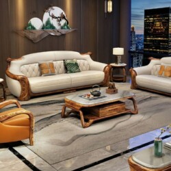 Bộ sofa gỗ mun nhập khẩu SB8103-124 được bài trí trong không gian phòng khách luxury, chụp góc rộng. Bộ sản phẩm gồm các b…