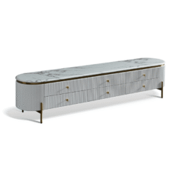 Kệ tivi mặt đá nhập khẩu KTQD152-20 được chụp từ góc hơi chếch phía trước, nổi bật với kiểu dáng hình oval bo tròn mềm mại…