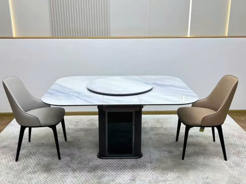 Bàn ăn thông minh BA652 phong cách hiện đại, chụp chính diện, mặt đá cẩm thạch nhân tạo màu trắng vân mây hình chữ nhật bo…