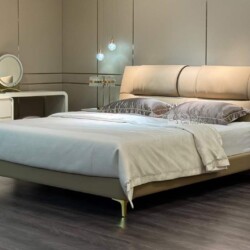 Giường ngủ massage GIC129-18 được chụp từ góc hơi chếch bên phải, cho thấy toàn bộ thân giường và đầu giường. Giường có th…