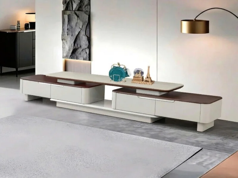 Kệ tivi đa năng KTC2-28 phong cách hiện đại, chụp chính diện hơi chếch, nổi bật thiết kế kéo dài linh hoạt. Kệ có mặt đá t…
