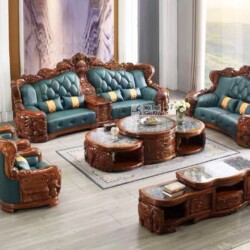 Bộ sofa gỗ Mun tân cổ điển SB05-1124 được chụp từ góc rộng trong không gian phòng khách sang trọng, trưng bày đầy đủ gồm h…