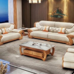 Bộ sofa gỗ Mun SB192-124 được bài trí trong không gian phòng khách hiện đại, sang trọng. Góc chụp rộng từ trên cao cho thấ…