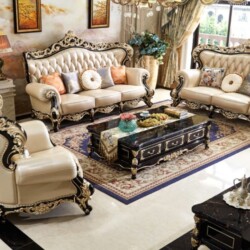 Bộ sofa tân cổ điển SB830-123 gồm một ghế đơn, một băng hai và một băng ba, được chụp từ góc trên cao trong không gian phò…