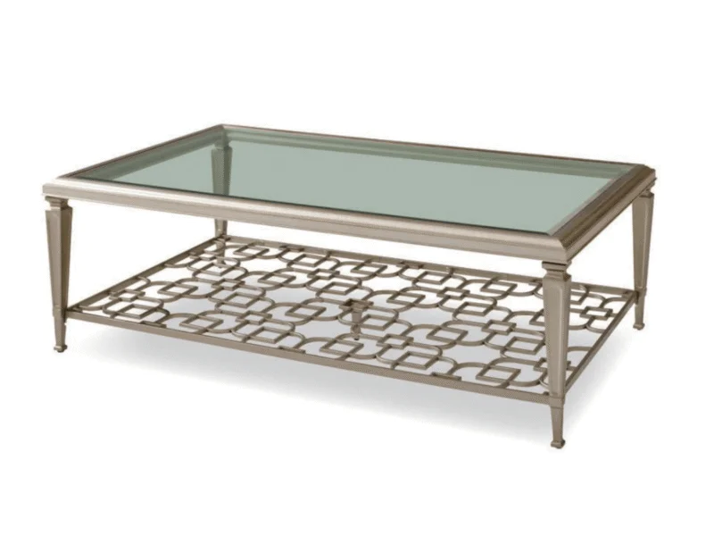 Bàn trà BTM102-142 phong cách Mỹ chụp chính diện trên nền trắng, nổi bật thiết kế hình chữ nhật sang trọng. Mặt bàn kính c…