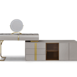 Bàn trang điểm BPA07-12 chụp chính diện, nổi bật thiết kế luxury. Mặt bàn đá vân xám trắng, chân thép không gỉ màu vàng sâ…