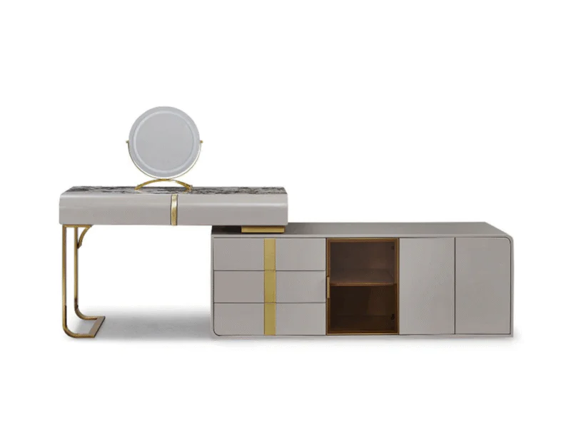 Bàn trang điểm BPA07-12 chụp chính diện, nổi bật thiết kế luxury. Mặt bàn đá vân xám trắng, chân thép không gỉ màu vàng sâ…
