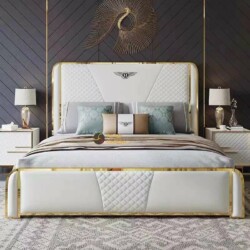 Giường ngủ Luxury GI802-18 được chụp chính diện trong một phòng ngủ sang trọng. Giường có khung bọc da màu trắng kem với c…