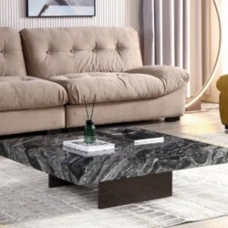 Bàn trà vuông GK01-1M chụp cận cảnh, nổi bật mặt đá cẩm thạch nhân tạo đen vân trắng xám sang trọng. Chân bàn khối chữ nhậ…