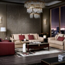 Bộ sofa 123 Luxury SFQ670 được bài trí trong không gian phòng khách sang trọng, với ghế đơn màu nâu đỏ và hai ghế băng màu…
