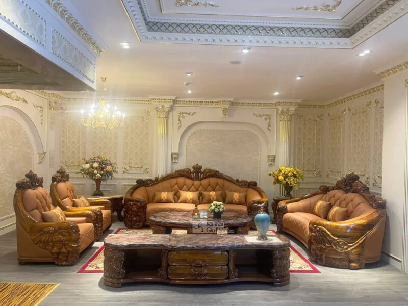 Bộ sofa tân cổ điển SF808-1124 với ghế băng dài, ghế băng đôi và hai ghế đơn, bàn trà lớn, kệ tivi và hai bàn trà góc, đặt…