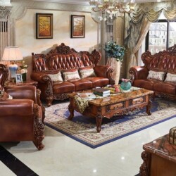Bộ sofa tân cổ điển SB916-123 được chụp toàn cảnh trong một phòng khách sang trọng, với ba món gồm một băng dài, một băng…