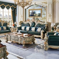 Bộ sofa tân cổ điển SB989-124 màu xanh rêu, gồm sofa băng dài, băng đôi, ghế đơn và bàn trà, bàn góc, đặt trong phòng khác…