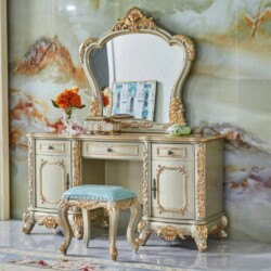 Bộ bàn trang điểm BDZ990-150 phong cách cổ điển Châu Âu, được chụp chính diện trong không gian phòng ngủ sang trọng. Bàn c…