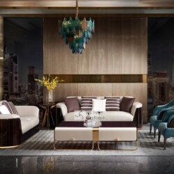 Bộ sofa Thanh Lịch 1123 Luxury được bố trí trong không gian phòng khách sang trọng, chụp chính diện. Bộ sản phẩm gồm một s…