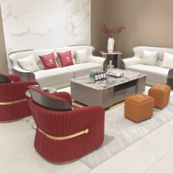 Bộ sofa luxury SFGD29-1124 được chụp từ góc hơi chéo, tập trung vào khu vực tiếp khách. Ghế băng dài và ghế băng ngắn bọc…