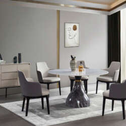 Ảnh chụp tổng thể bộ bàn ăn tròn 6 ghế QTQY219-135 trong không gian phòng ăn phong cách Luxury. Bàn ăn mặt đá nhân tạo màu…