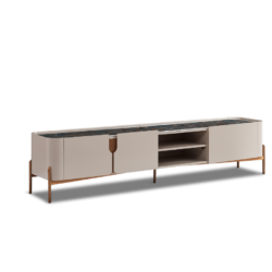 Kệ tivi mặt đá sang trọng KT8808-20 được chụp từ góc hơi nghiêng, làm nổi bật thiết kế bo cong mềm mại và các chi tiết châ…