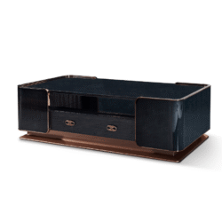 Bàn trà luxury BTGD03-16 được chụp từ góc nghiêng trên cao, nổi bật thiết kế hình chữ nhật bo cong mềm mại. Thân bàn màu đ…
