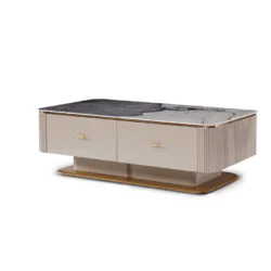 Bàn trà mặt đá Luxury BT8801-13 chụp nghiêng từ góc thấp, nổi bật mặt đá Pandora vân xám trắng và thân bàn màu kem với các…