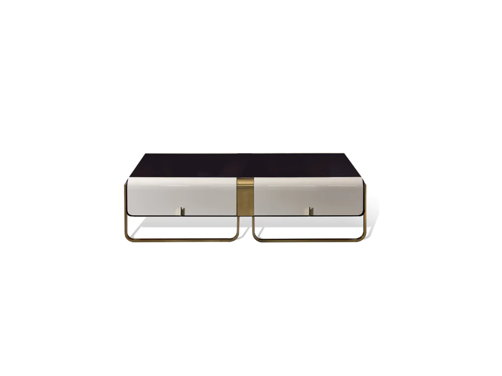 Bàn trà luxury BTGD09-16 được chụp trực diện từ phía trước, tập trung vào thiết kế đối xứng của thân bàn. Mặt bàn gỗ Cẩm L…