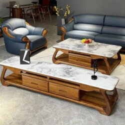 Ảnh chụp tổng thể bộ bàn trà và kệ tivi Gỗ Mun Nhập Khẩu A03 từ góc trên cao, đặt trong không gian showroom. Bàn trà hình…