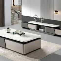 Ảnh chụp từ trên cao xuống một góc phòng khách hiện đại, trưng bày bộ bàn trà và kệ tivi BT1800-2800. Bàn trà hình chữ nhậ…