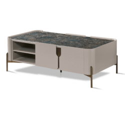 Bàn trà luxury BT8808-13 được chụp từ góc nghiêng phía trước, nổi bật với mặt đá phiến màu xanh đen vân trắng sang trọng…