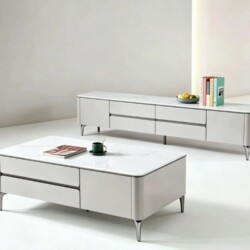 Combo bàn trà và kệ tivi hiện đại BT8635-KT được chụp từ góc thấp, hơi chếch về phía trước, làm nổi bật cả hai sản phẩm tr…