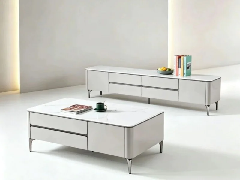 Combo bàn trà và kệ tivi hiện đại BT8635-KT được chụp từ góc thấp, hơi chếch về phía trước, làm nổi bật cả hai sản phẩm tr…