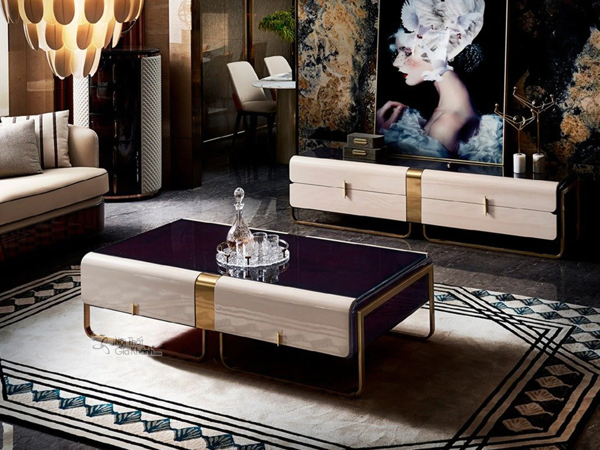 Bàn trà luxury 1m6 BTGD09-16 mặt đá hiện đại