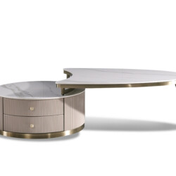 Bàn trà Luxury BT8809 chụp từ góc ngang, thể hiện rõ cấu trúc hai phần tách biệt nhưng hài hòa. Phần trụ tròn với hai ngăn…