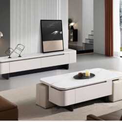 Kệ tivi hiện đại KT2517A-20 và bàn trà đồng bộ được chụp từ góc hơi chếch, đặt trong không gian phòng khách sang trọng. Kệ…