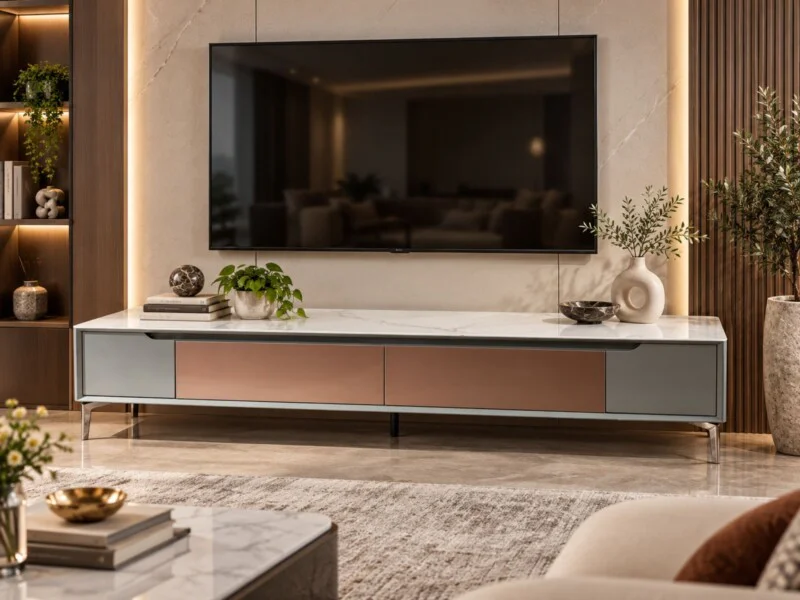 Kệ Tivi SIENNA DJ9230-20 được đặt trong một phòng khách hiện đại, sang trọng. Góc chụp toàn cảnh cho thấy kệ màu xám xanh…