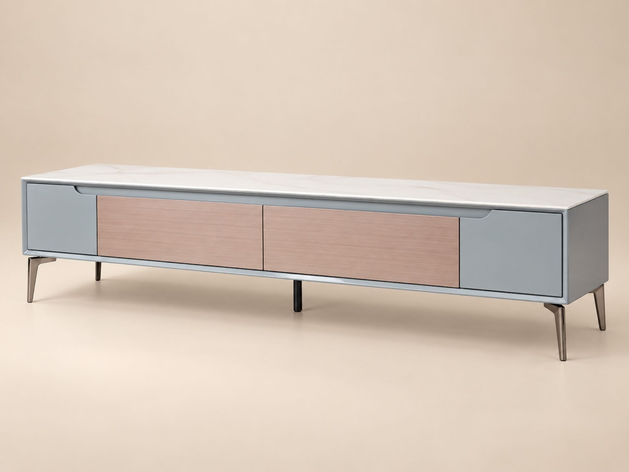Kệ Tivi SIENNA DJ9230-20 chụp góc 3/4 từ phía trước bên phải trên nền trơn. Kệ có thiết kế hiện đại, mặt đá trắng vân mây…
