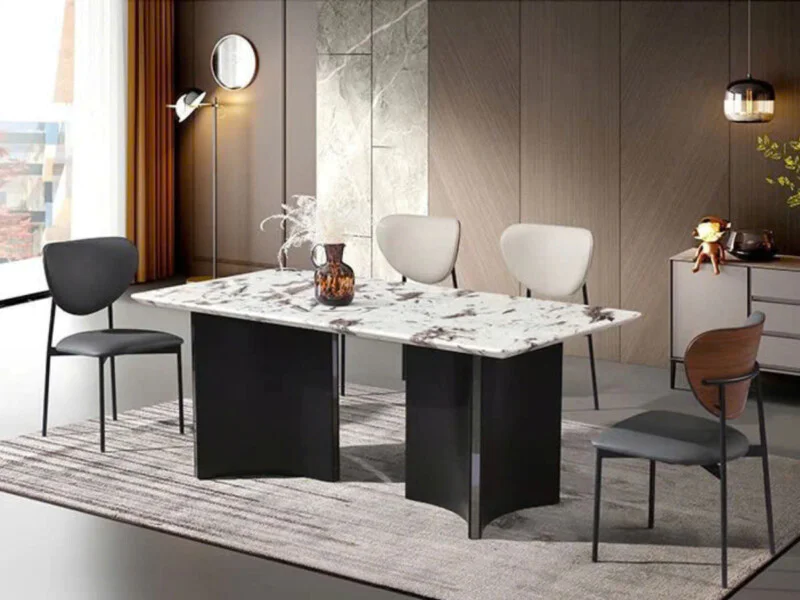 Bàn ăn mặt đá BA802-18 phong cách hiện đại, chụp chính diện trong không gian phòng ăn sang trọng. Mặt bàn hình chữ nhật vâ…