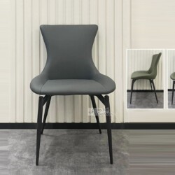 Ảnh chụp chính diện ghế ăn hiện đại GAA391 màu xám đậm, bọc da công nghiệp cao cấp với đường cong mềm mại ở lưng và đệm ng…