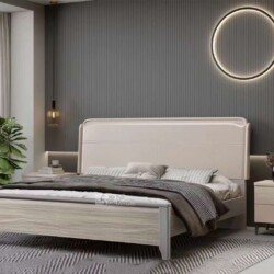 Giường ngủ hiện đại BA-5-1 và tủ đầu giường được chụp chính diện trong không gian phòng ngủ tối giản. Giường có khung và đ…