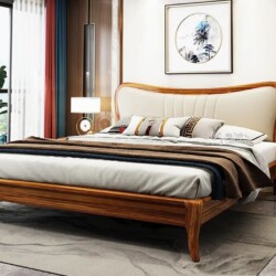 Giường ngủ gỗ Mun hiện đại GIC04-18 được chụp toàn cảnh từ góc chéo, nổi bật khung gỗ Mun tự nhiên màu nâu vân gỗ và đầu g…