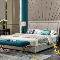 Giường ngủ bọc da cao cấp GIQF259-18 được đặt trong không gian phòng ngủ hiện đại, sang trọng. Giường có đầu giường bọc da…