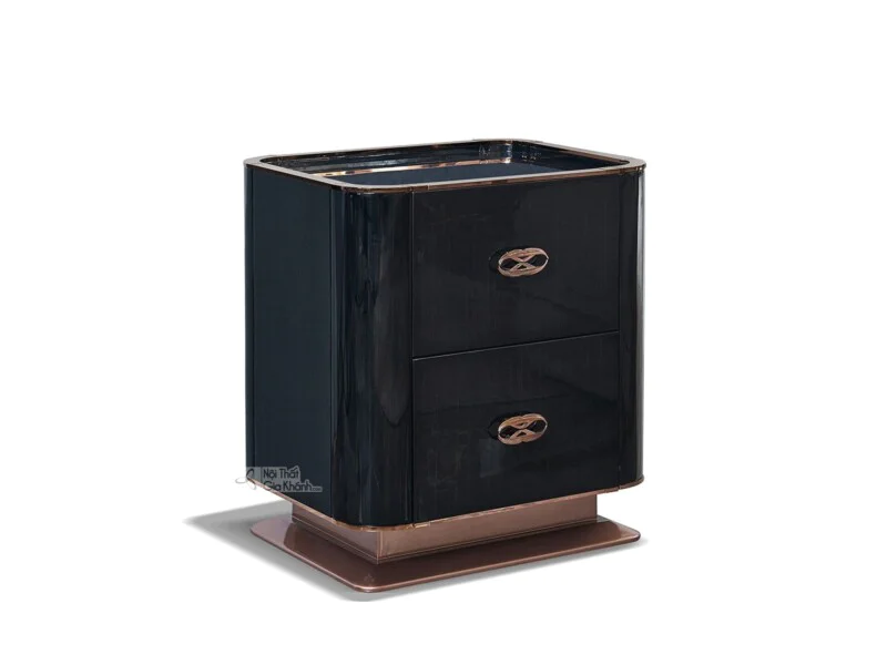 Tủ đầu giường Luxury TAGD272 màu đen bóng, chụp góc nghiêng từ phía trước bên phải. Tủ có hai ngăn kéo với tay nắm hình ov…