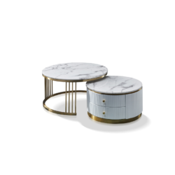 Cặp bàn trà đôi QC119 được chụp chính diện trên nền trắng, nổi bật với thiết kế tròn hiện đại. Bàn lớn có mặt đá cẩm thạch…