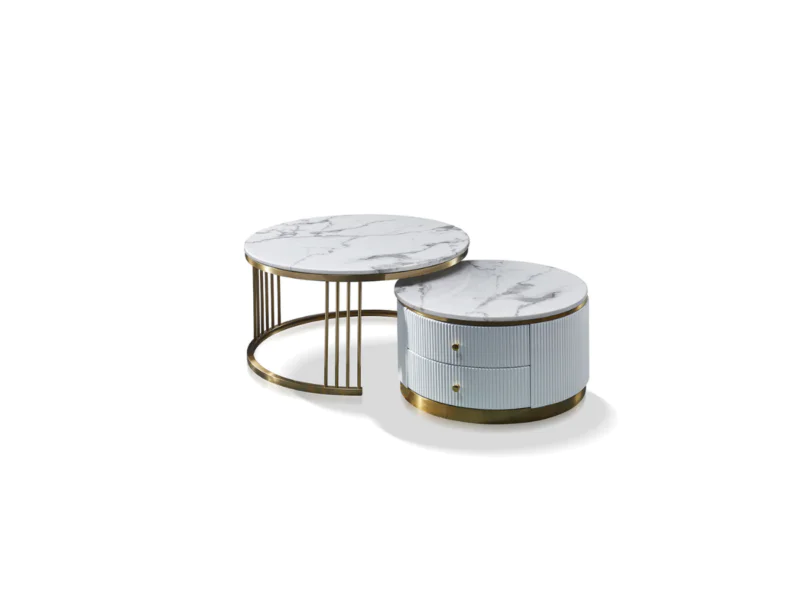 Cặp bàn trà đôi QC119 được chụp chính diện trên nền trắng, nổi bật với thiết kế tròn hiện đại. Bàn lớn có mặt đá cẩm thạch…